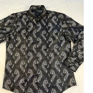 Barry Wang Mens Black Silver Paisley Jacquard Silk Like Button Down Shirt Large